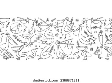 Pelicans family. Funny characters. Seamless pattern background for your design. Colouring page