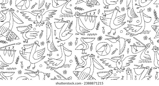 Pelicans family. Funny characters. Seamless pattern background for your design. Colouring page