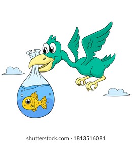 Pelicans are flying and carrying goldfish. cartoon illustration cute animal sticker