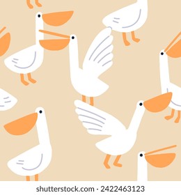 Pelicans pattern. Seamless endless background, cute funny tropical birds. Repeating fauna print for textile, fabric, wrapping, wallpaper design and decoration. Printable flat vector illustration