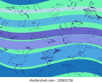 Pelicans seamless pattern, hand drawn illustration over a water theme background