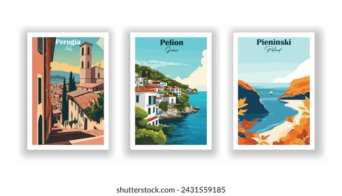 Pelion, Greece. Perugia, Italy. Pieninski, Poland - Set of 3 Vintage Travel Posters. Vector illustration. High Quality Prints