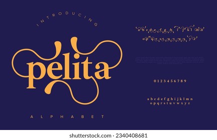 Pelita premium luxury elegant alphabet letters and numbers. Elegant wedding typography classic serif font decorative vintage retro. Creative vector illustration