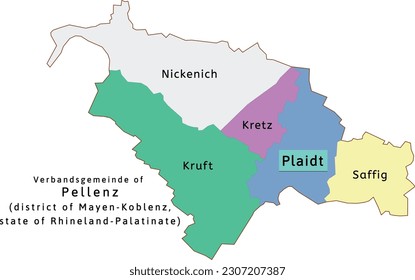 Pellenz verbandsgemeinde map of Mayen-Koblenz district Rhineland-Palatinate state in Germany. Vectored. Colors shamrock, concrete, polo blue, drover, orchid, silver, caramel