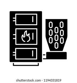 Pellet boiler glyph icon. Central heating system. Solid fuel boiler. Pellet burner system with three chambers. Silhouette symbol. Negative space. Vector isolated illustration