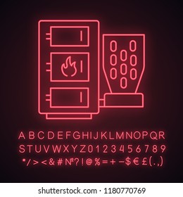 Pellet boiler neon light icon. Central heating system. Solid fuel boiler. Pellet burner system with three chambers. Glowing sign with alphabet, numbers and symbols. Vector isolated illustration