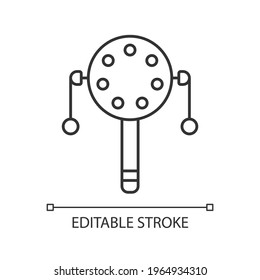Pellet drum linear icon. Japanese toy for playing percussion. Rattle for kids. Eastern culture. Thin line customizable illustration. Contour symbol. Vector isolated outline drawing. Editable stroke