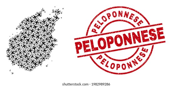 Sello de emergencia del Peloponeso, y mosaico de mapas de objetos de aeronaves de la Isla Paros. Mapa de la isla Mosaic Paros diseñado desde aviones aéreos. Sello rojo con el pie de foto del Peloponeso y textura de caucho de socorro.