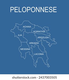 Peloponnese map vector line contour silhouette illustration isolated on blue background. Greek territory. Part of Greece coast line map regions administrative divisions, with separated provinces.