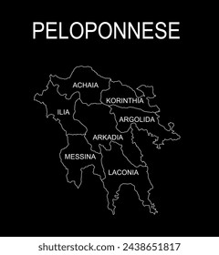 Peloponnese map vector line contour silhouette illustration isolated on black background. Greek territory. Part of Greece coast line map regions administrative divisions, with separated provinces.