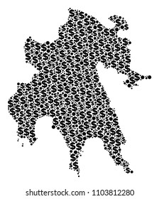 Peloponnese Peninsula map composition of dollar signs and spheric spots in different sizes. Abstract vector cash and GDP Peloponnese Peninsula map.