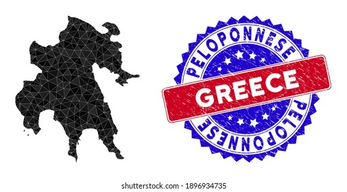 Peloponnese Peninsula map polygonal mesh with filled triangles, and grunge bicolor stamp seal. Triangle mosaic Peloponnese Peninsula map with mesh vector model, triangles have variable sizes,