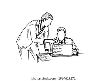 Pelsil's stunning sketch, Two co-workers who are busy discussing in front of their laptop during breaks. vector draw graphic design illustration sketch