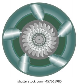 Pelton water turbine - the working area with twenty-two blades, five nozzles for supply of pressurized water