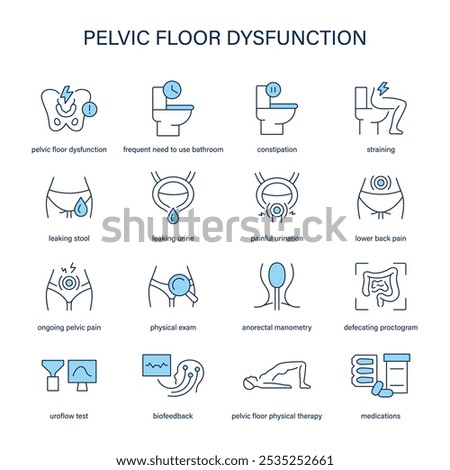 Pelvic Floor Dysfunction symptoms, diagnostic and treatment vector icons. Medical icons.	