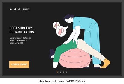 Pelvic floor strengthening web or landing. Trans woman gender affirmation bottom surgery recovery. Postpartum woman rehabilitation with physical therapy. Flat vector illustration.