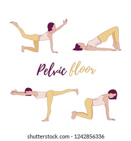 Pelvic Floor Yoga Poses. Woman Health. Yoga Asans. Exercises For Mom To Strengthen The Pelvic Floor Muscles. Vector Cartoon Illustration. Kegel Exercises.
