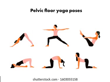 Pelvic Floor Yoga Poses. Woman Health. Yoga Asanas. Exercises For Mom To Strengthen The Pelvic Floor Muscles. Vector Cartoon Illustration. Kegel Exercises.