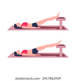 Pelvic lift feet on bench exercise educational scheme infographic. Woman makes hip thrust for strength gluteal and hamstrings muscles. Lower back pain relief workout. Vector illustration.