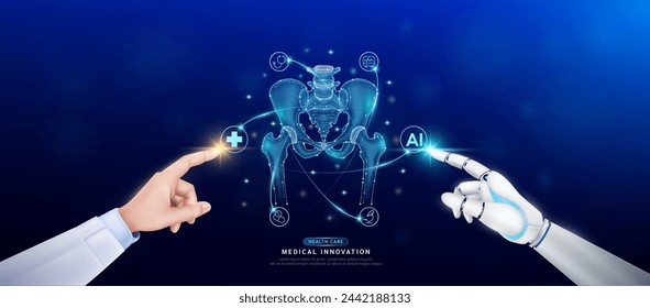 Pelvis bone in atom. Doctor and robot finger touching icon AI cross symbol. Health care too artificial intelligence cyborg or technology innovation science medical futuristic. Banner vector EPS10.