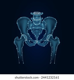 Pelvis bone in electronic form glowing between information connecting lines. Medical science of technology digital hi tech. Futuristic digital circuit board innovative health care. Vector EPS10.