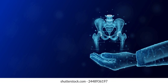 Pelvis bone floats in the nurse doctor hand. Human organ low poly polygon style. On dark blue background with empty copy space for text. Medical health care concept. Vector illustration.