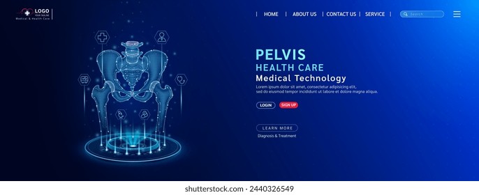 Pelvis bone health care. Diagnose disease with technology artificial intelligence. Medical website template layout design. Banner for medical ads online social media. Science medicine business. Vector