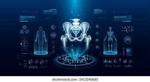 Pelvis bone health care technology with scan virtual interface hologram style. X ray and MRT human body examination. Medical diagnostic with HUD. Analysis in futuristic laboratory. Vector EPS10.