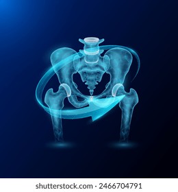 Pelvis bone human organ anatomy in form style polygon low poly surrounded by arrows glowing on dark blue background. Used for design medical science advertisements. Vector EPS10 illustration.