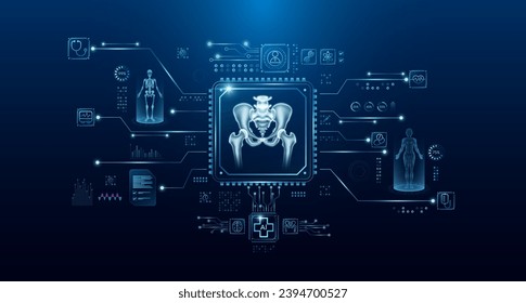 Pelvis bone organ human in microchip processor circuit board. HUD interface and a hologram. Modern treatment future medicine. Innovative health care analysis of AI technology digital hi tech. Vector.