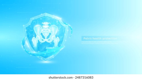 Pelvis bone style polygonal in shield glowing surrounded by blue arrows. Medical science protection symbol. Health care concept. Banner vector EPS10.