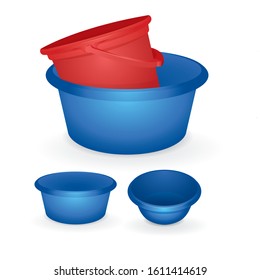 Pelvis and bucket. Realistic plastic basins collection isolated on white background. Water containers vector illustration. Hand washing equipment concept. Part of set. 
