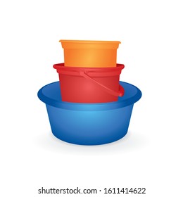 Pelvis and bucket. Realistic plastic basins collection isolated on white background. Water containers vector illustration. Hand washing equipment concept. Part of set. 