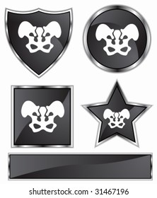 Pelvis Icon Set : Black satin and chrome buttons in star, shield, circle and square shapes.