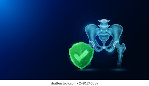 Pelvis joint bone human organ anatomy with check mark in green shield glowing. Protection arthritis osteoporosis. Medical science concept. Banner empty space for text. Vector EPS10.