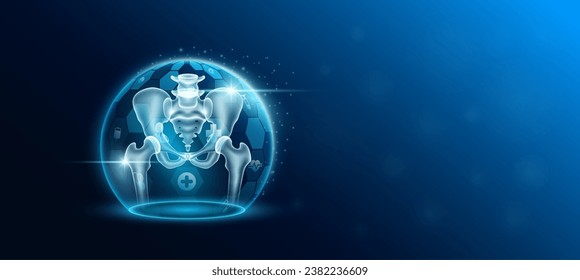 Pelvis joint bone organ inside transparent dome shield protection futuristic with medical icon. Technology innovation health care. Empty space for text. Medical science ads website banner. Vector.