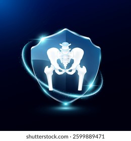 Pelvis in translucent glass shield modern. Surrounded by glowing ring safety guardian. Human anatomy organ on blue background. Medical health care immunity and protection concept. Vector EPS10.