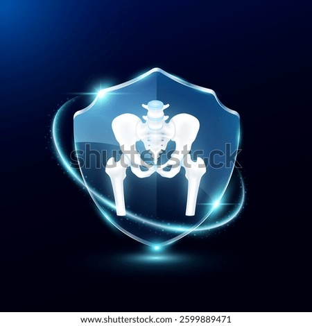 Pelvis in translucent glass shield modern. Surrounded by glowing ring safety guardian. Human anatomy organ on blue background. Medical health care immunity and protection concept. Vector EPS10.