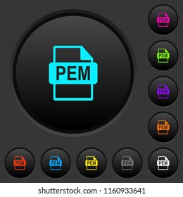 PEM file format dark push buttons with vivid color icons on dark grey background