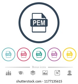 PEM file format flat color icons in round outlines. 6 bonus icons included.