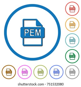 PEM file format flat color vector icons with shadows in round outlines on white background