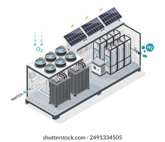 PEM water electrolyser station  set daigram isometric H2 green electrolyzer hydrogen generator station for factory industrial technology on white background isolated cartoon