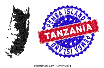 Mapa de la isla de Pemba de malla poligonal con triángulos rellenos y sello de goma bicolor. Mapa de la isla de Pemba de mosaico triangular con modelo de vector de malla, triángulos de diferentes tamaños y posiciones,