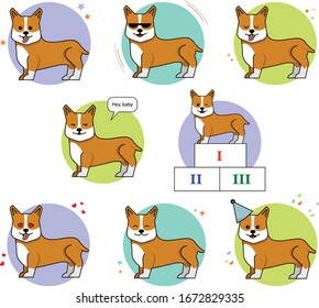 Pembroke Corgi perro en diferentes estados de ánimo, vectores adhesivos.