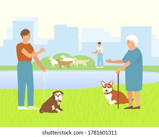 Pembroke Corgi with an elderly mistress for a walk in a dog park. The owner of an English Bulldog is talking to an elderly dog lover.
Park or dog walking area
     Flat vector