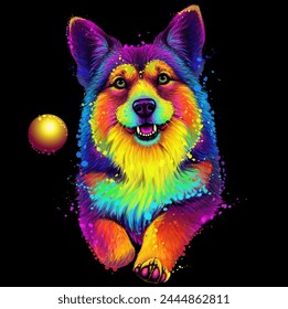 A Pembroke Welsh Corgi dog. Abstract, neon, color, watercolor image of a dog running after a ball. Digital vector graphics.