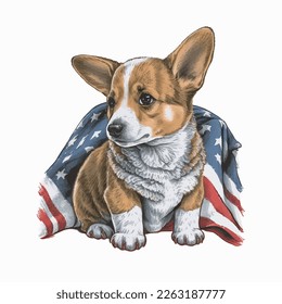 Pembroke Welsh Corgi Dog American Flag Vector Illustration Tshirt Design Logo Icon Greeting Card Postcard