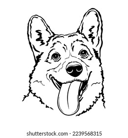 Pembroke Welsh Corgi dog breed - isolated vector illustration. Template. Close-up. Clip art. Hand Painting. Ink. Black and white. Vector cut. Silhouette. 