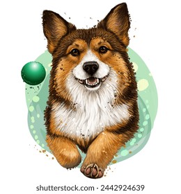 A Pembroke Welsh Corgi dog. A color, watercolor image of a dog running after a ball. Digital vector graphics.