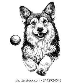 A Pembroke Welsh Corgi dog. A graphic, sketchy image of a dog running after a ball. Digital vector graphics.